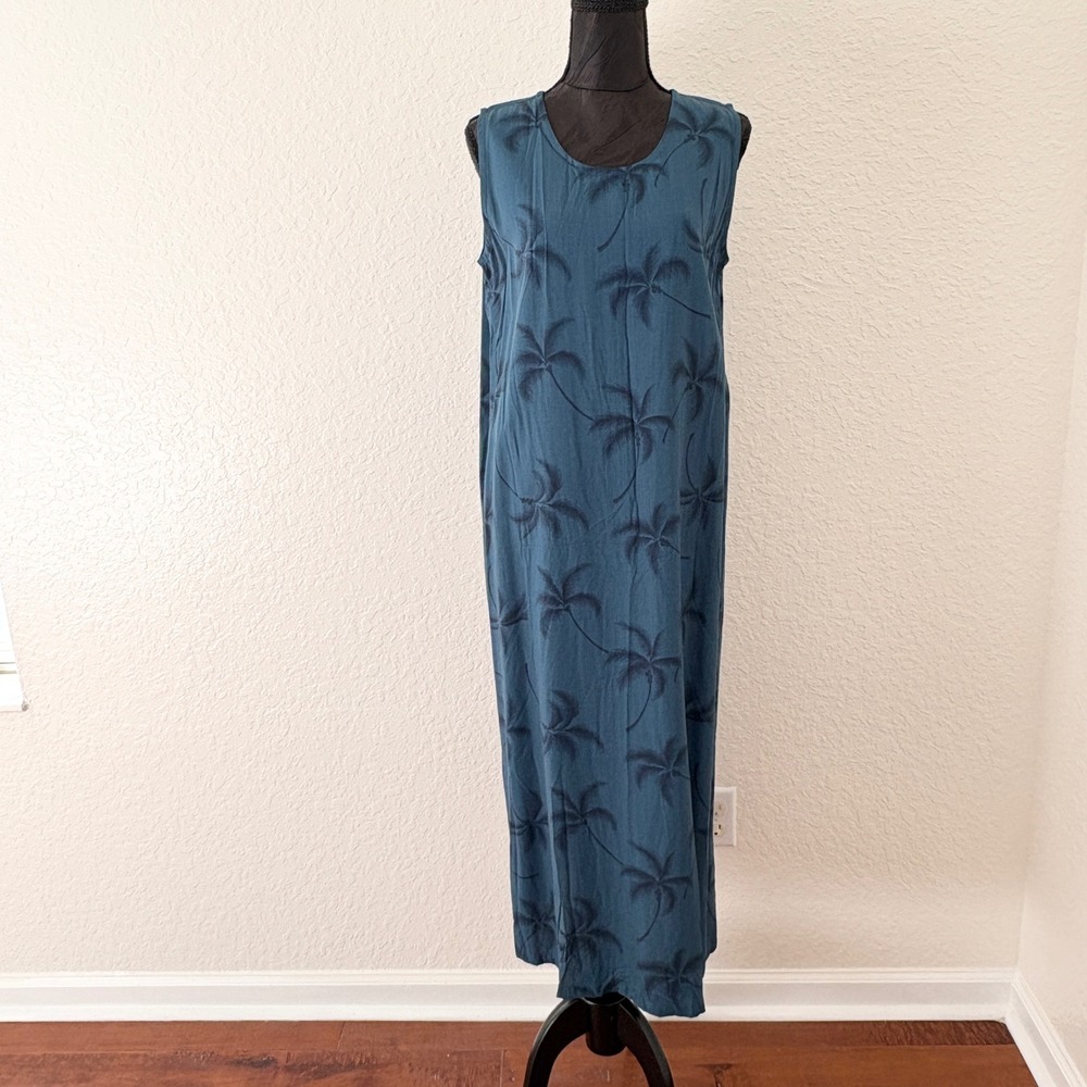 Paradise Found Teal Blue Palm Tree Print Rayon Maxi Dress Made in Hawaii Large - Picture 9 of 9